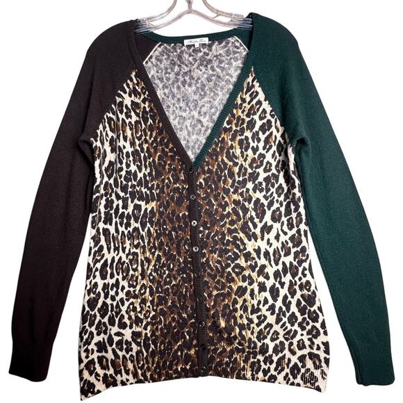 Minnie Rose 100% Cashmere Cardigan V-Neck Sweater Tan Green Animal Print Women L - Picture 1 of 14